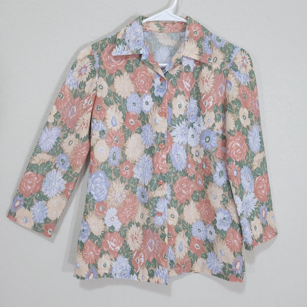 Vintage 70s Top Womens XS / S Floral 60s Handmade Peach Blue Retro Button Blouse